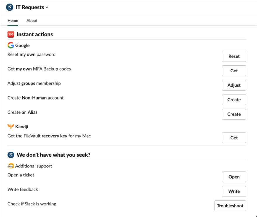 Overview of support options in the IT Requests app at a certain point in the past