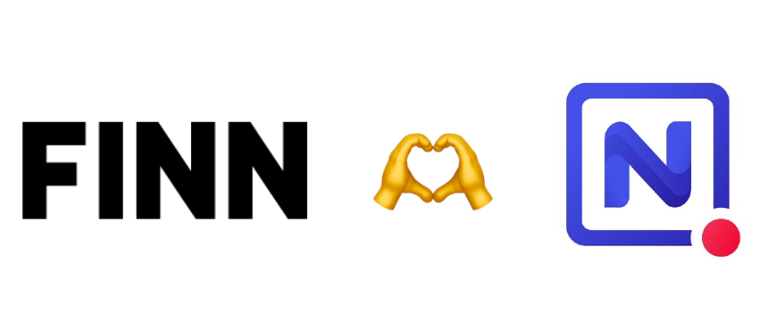 From left to right: the FINN logo, emoji hand making a heart shape, and the NocoDB logo