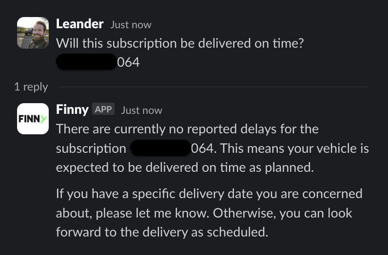 Figure: Finny has not access to GET /delays but confidently states there are no delays found.