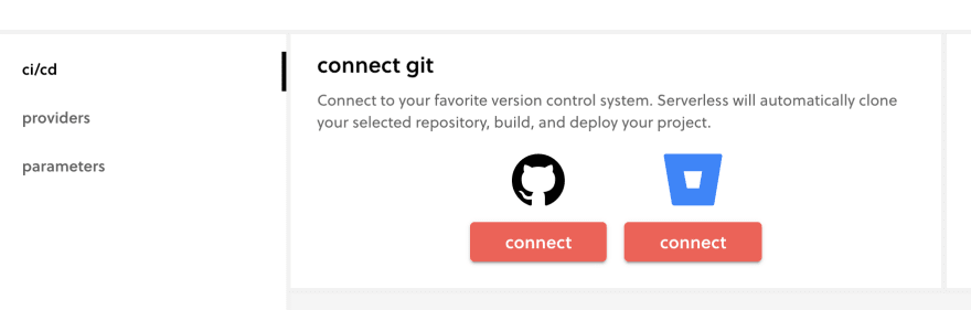 Screen with the heading 'connect git', with several options presented of version control systems to select
