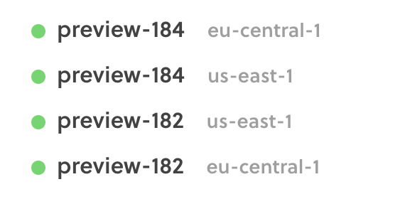 A list with numbered preview deployments and their associted regions