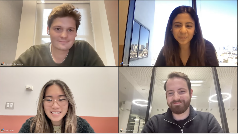 Webinar with four speakers, showing clockwise from the top left: Cornelius Schramm, Vasundhara Singh, Leander Peter, and Julie Chen