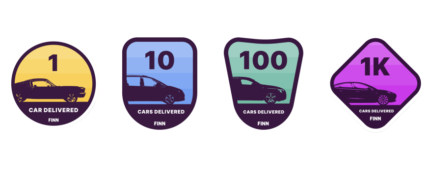 Four stickers with images of cars on them. The first sticker states &lsquo;1 car delivered&rsquo;, the second &lsquo;10 cars delivered&rsquo;, the third &lsquo;100 cars delivered&rsquo;, the second &lsquo;1K cars delivered&rsquo;.